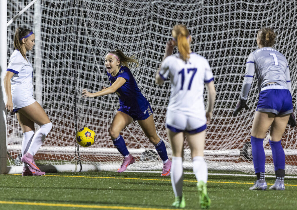 Lake Stevens’ Shelby Clifton yells as she runs out of the goal after scoring during the game against Kamiak on Sept. 30, 2025 in Lake Stevens, Washington. (Olivia Vanni / The Herald)
