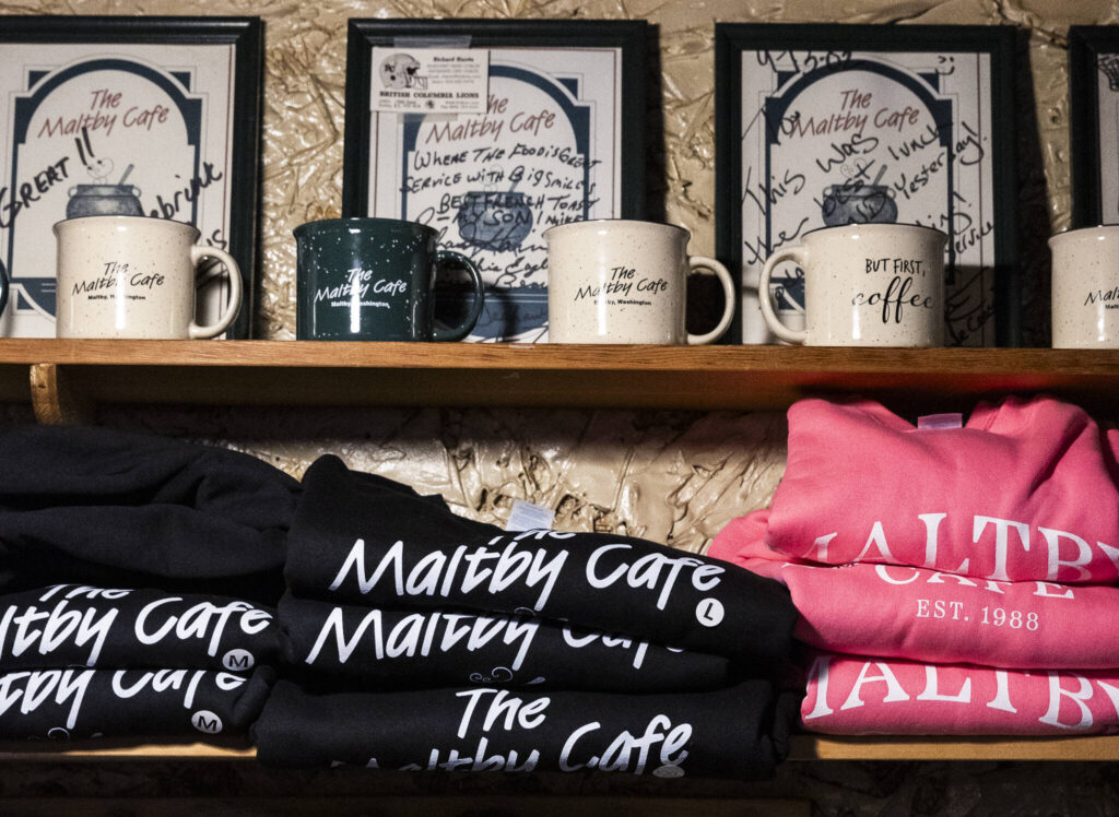The Maltby Cafe merchandise available for purchase on Sept. 29, 2025 in Snohomish, Washington. (Olivia Vanni / The Herald)

