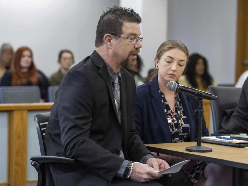 Shawna Brune’s brother, Jared Haughey, speaks during the sentencing hearing for Jamel Alexander at the Snohomish County Courthouse on Oct. 6, 2025 in Everett, Washington. (Olivia Vanni / The Herald)
