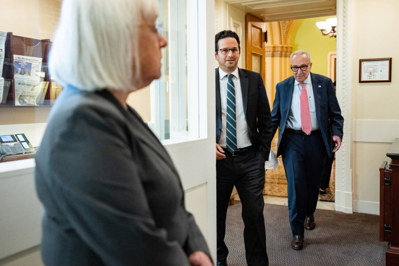 Senate Minority Leader Chuck Schumer (D-N.Y.), right, arrives to join Sen. Patty Murray (D-Wash.) and Sen. Brian Schatz (D-Hawaii) at a news conference on Capitol Hill after the House passed a stopgap bill to keep federal funding flowing past a Sept. 30 deadline on Friday, Sept. 19, 2025. The House narrowly passed the bill on Friday, but the measure appears dead on arrival in the Senate, where Democrats have vowed to block it. (Haiyun Jiang/The New York Times)