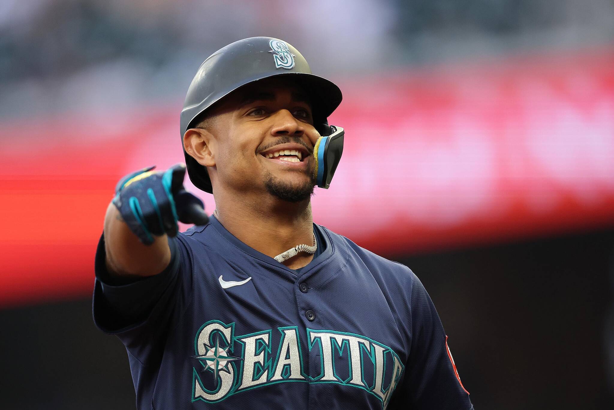 Julio Rodriguez of the Seattle Mariners reacts as he rounds third base after hitting a two-run home run in the first inning against the Atlanta Braves at Truist Park on Saturday, Sept. 6, 2025, in Atlanta. (Kevin C. Cox / Getty Images / Tribune News Services)