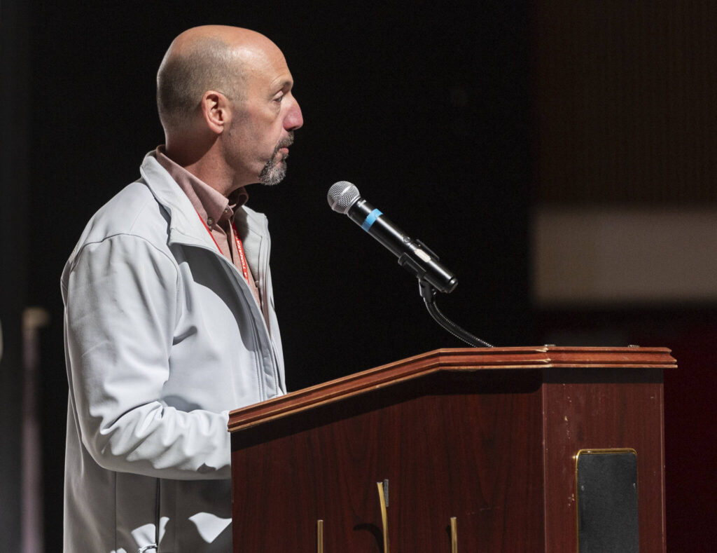 Marysville Pilchuck High School Principal Pete Apple speaks at a mural reveal event on Oct. 14, 2025 in Marysville, Washington. (Olivia Vanni / The Herald)
