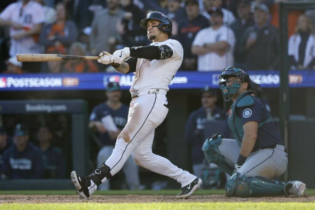 Javier Baez of the Detroit Tigers hits a home run against the Seattle Mariners on Wednesday, Oct. 8, 2025 at Comerica Park in Detroit. (The Athletic)