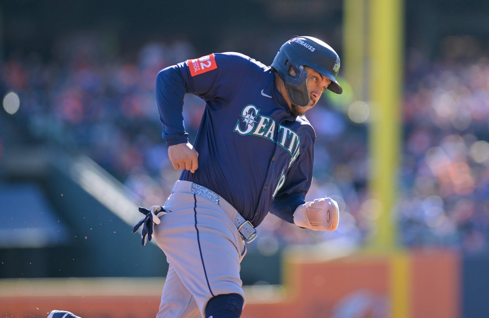 Seattle’s Josh Naylor heads home to score in the second inning of Game 4 of the ALDS between the Tigers and the Seattle Mariners at Comerica Park in Detroit on Wednesday, Oct. 8, 2025. (Robin Buckson / The Detroit News / Tribune News Services)