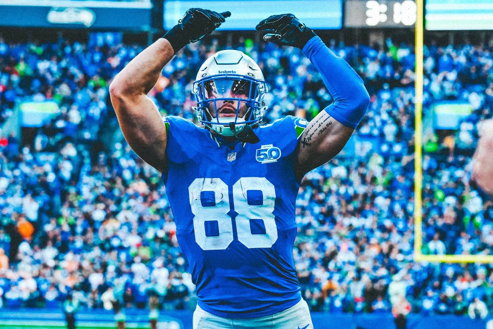 Seahawks tight end AJ Barner (88) celebrates during a game against the Tampa Bay Buccaneers on Sunday, Oct. 5, 2025 at Lumen Field in Seattle, Washington. (Photo courtesy of the Seattle Seahawks)