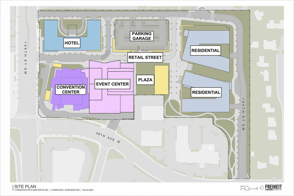 Lynnwood Public Facilities District’s master plan map for the Lynnwood Event Center. (Courtesy of Lynnwood Public Facilities District & Freiheit Architecture)
