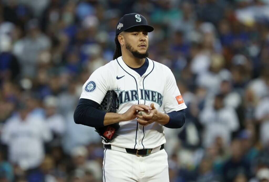 Luis Castillo (58) of the Seattle Mariners looks on during the second inning against the Toronto Blue Jays in game four of the American League Championship Series at T-Mobile Park on October 16, 2025 in Seattle, Washington. (Alika Jenner / Getty Images / The Athletic)