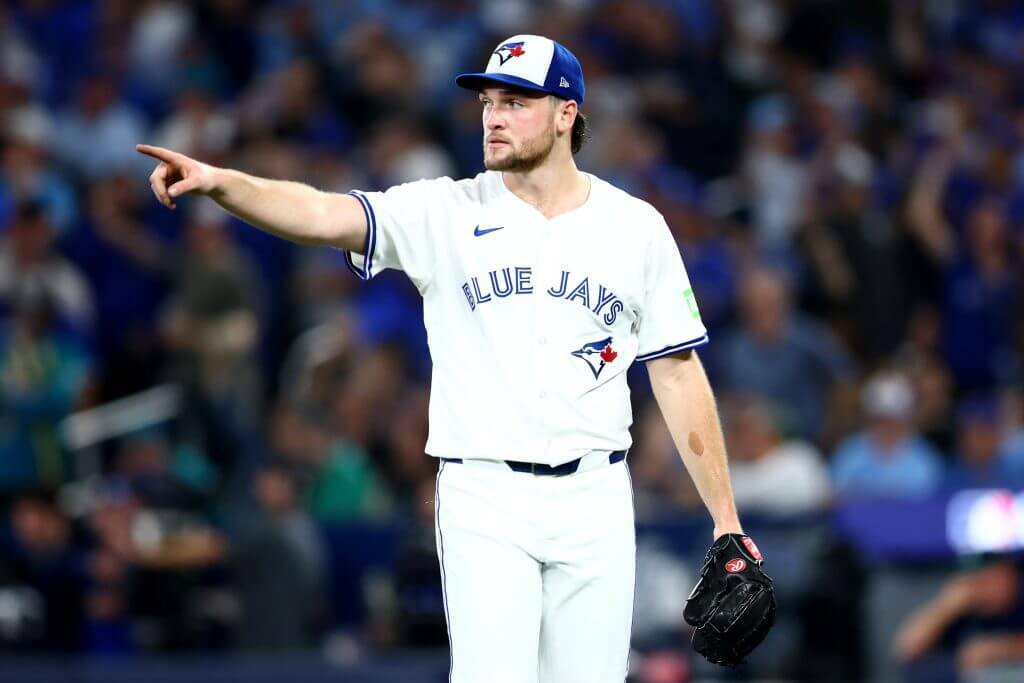 Trey Yesavage (39) of the Toronto Blue Jays celebrates during the fifth inning against the Seattle Mariners in Game 6 of the American League Championship Series at Rogers Centre on October 19, 2025 in Toronto. (Vaughn Ridley / Getty Images / The Athletic)