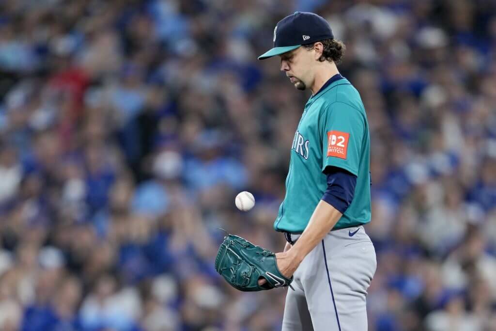 Logan Gilbert (36) of the Seattle Mariners reacts during the second inning against the Toronto Blue Jays in game six of the American League Championship Series at Rogers Centre on October 19, 2025 in Toronto. (Mark Blinch / Getty Images / The Athletic)