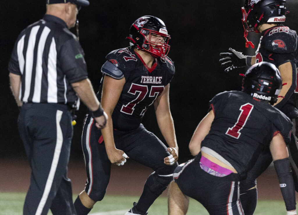 Mountlake Terrace’s Ryan Pineda reacts to getting a sack during the game against Edmonds-Woodway on Oct. 23, 2025 in Edmonds, Washington. (Olivia Vanni / The Herald)
