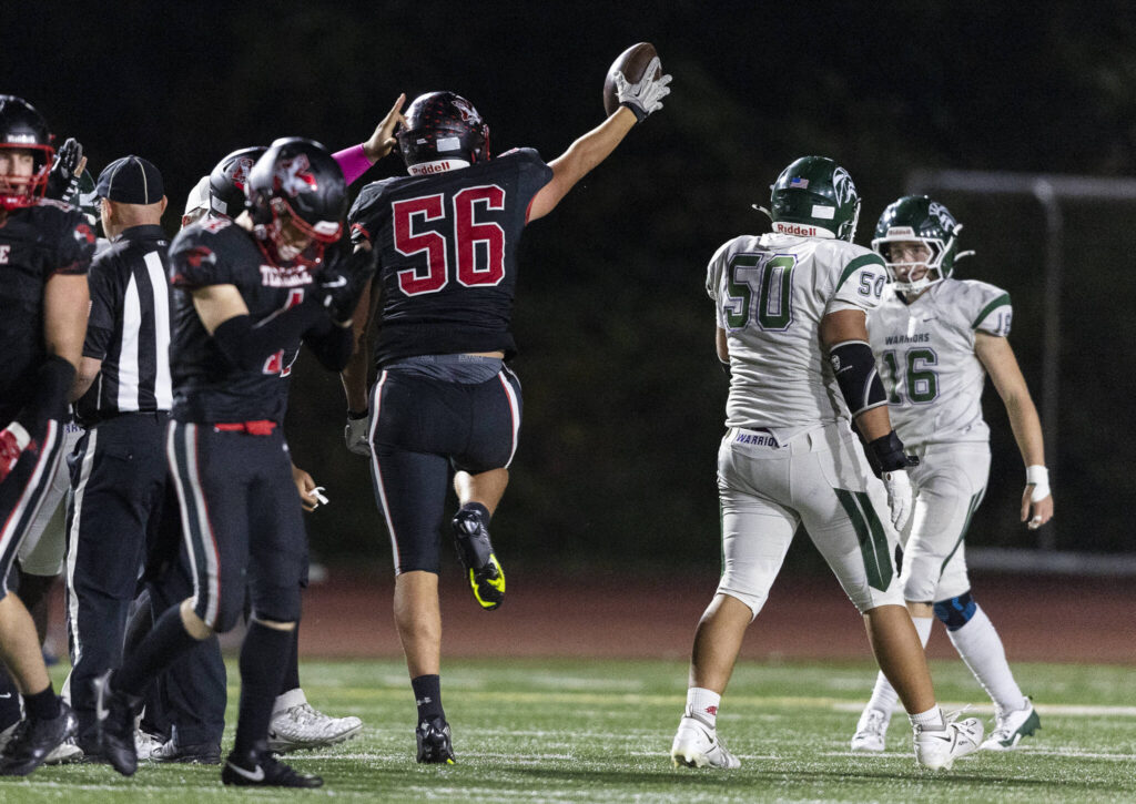 Mountlake Terrace’s Liam Moore reacts to recovering a fumble during the game against Edmonds-Woodway on Oct. 23, 2025 in Edmonds, Washington. (Olivia Vanni / The Herald)
