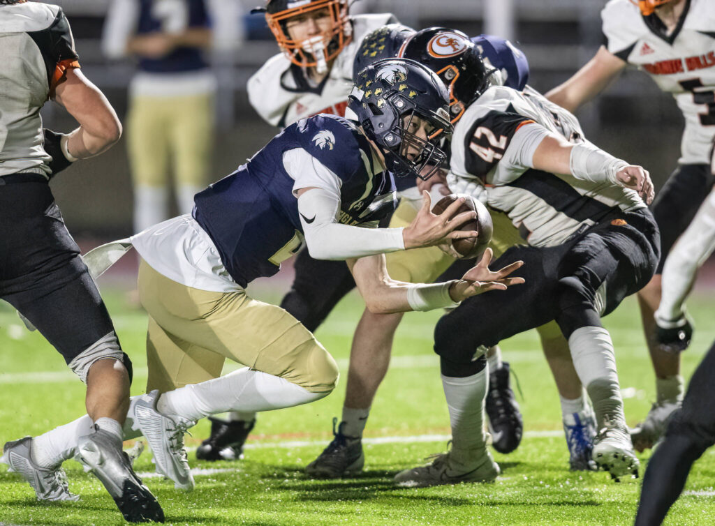 Cedar Park Christian’s Tre Samuelu loses control of the ball during the game against Granite Falls on Oct. 24, 2025 in Kirkland, Washington. (Olivia Vanni / The Herald)