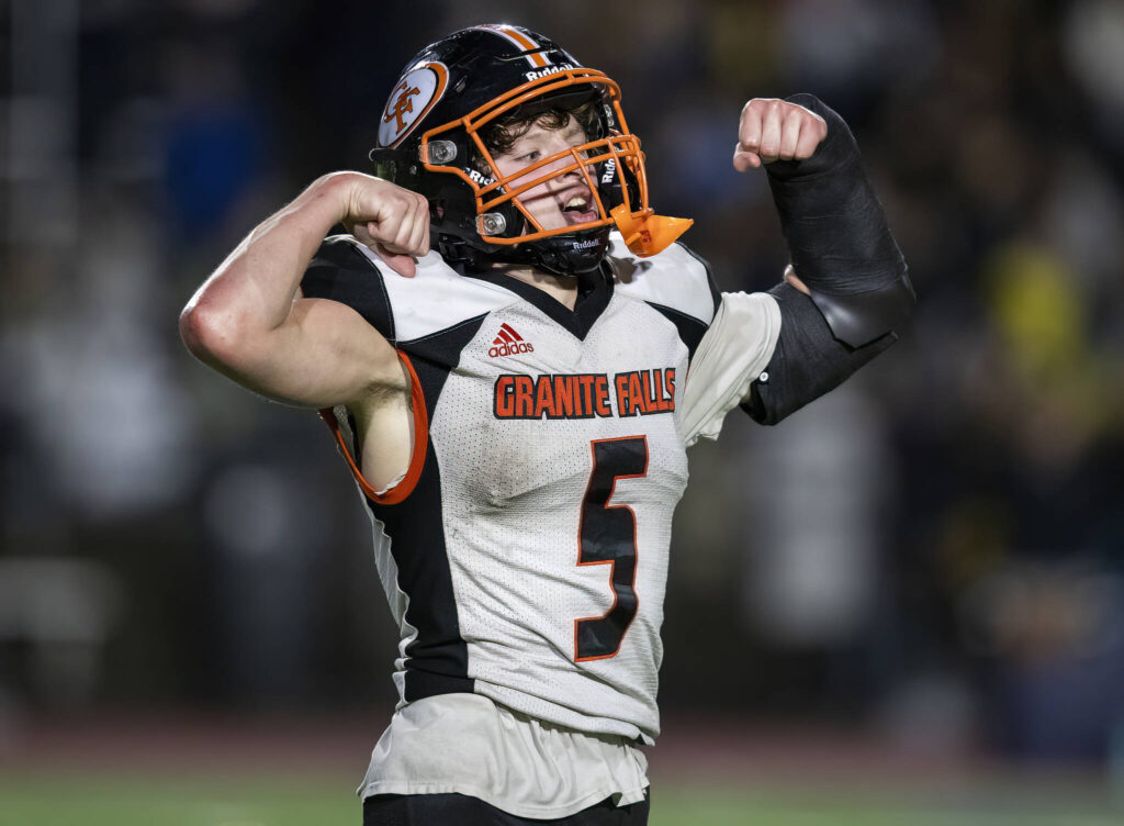 Granite Falls’ Beau Everson reacts after scoring a touchdown during the game against Cedar Park Christian on Oct. 24, 2025 in Kirkland, Washington. (Olivia Vanni / The Herald)