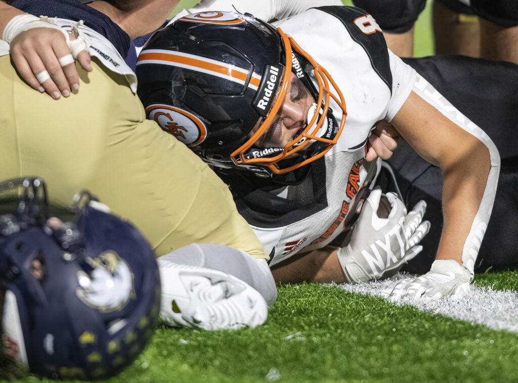 Granite Falls’ Drake Smith looks up after crossing into the end zone for a touchdown during the game against Cedar Park Christian on Oct. 24, 2025 in Kirkland, Washington. (Olivia Vanni / The Herald)