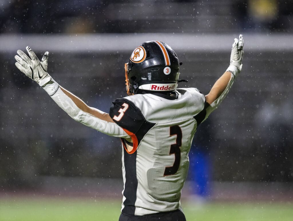 Granite Falls’ Parker Kern reacts after scoring a touchdown during the game against Cedar Park Christian on Oct. 24, 2025 in Kirkland, Washington. (Olivia Vanni / The Herald)