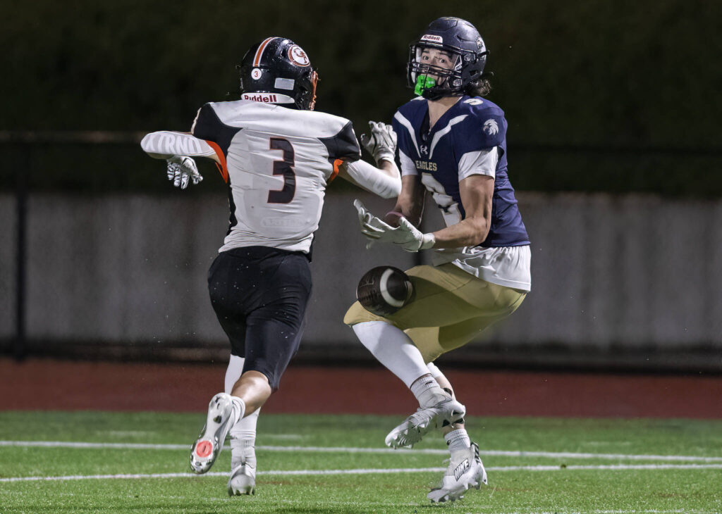 Cedar Park Christian’s Andy Penrod drops a pass in the end zone during the game against Granite Falls on Oct. 24, 2025 in Kirkland, Washington. (Olivia Vanni / The Herald)