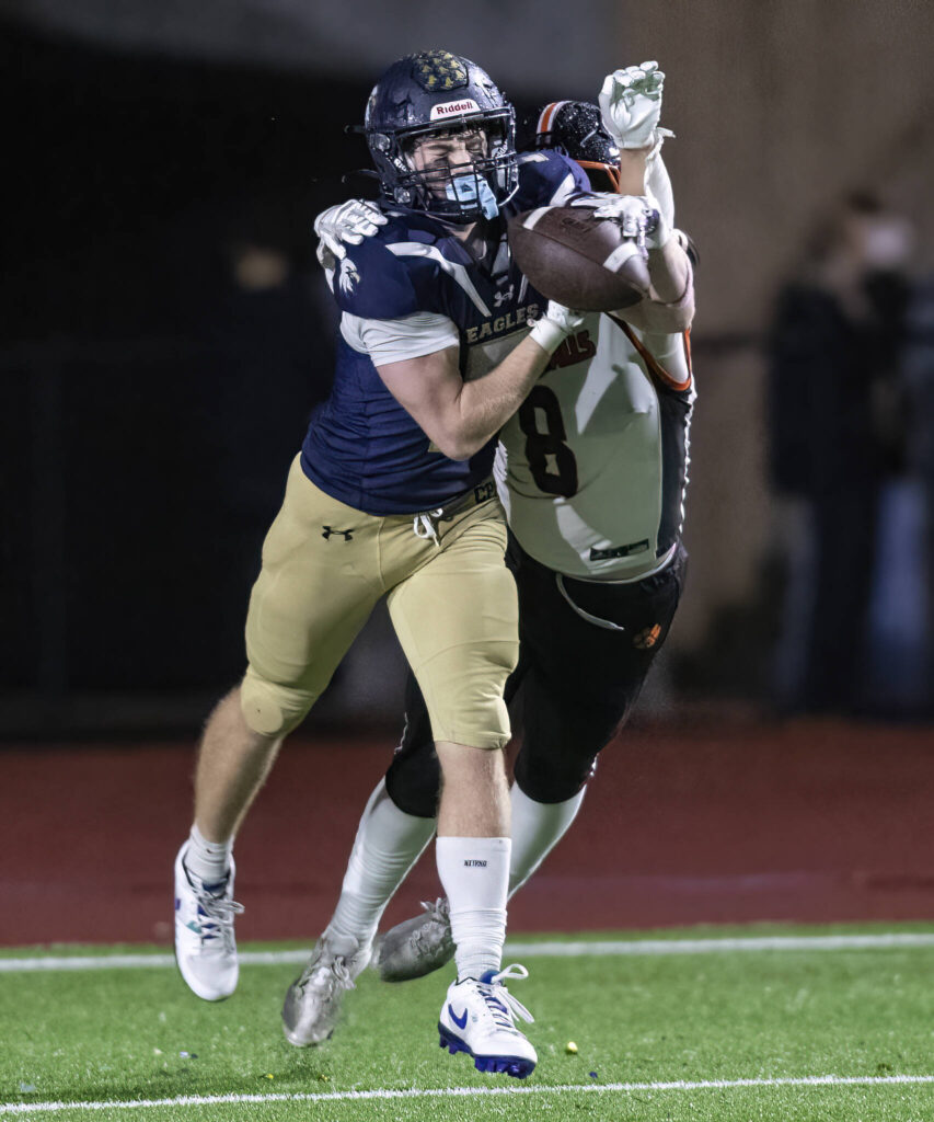 Granite Falls’ Drake Smith blocks a pass to Cedar Park Christian’s Lincoln Meyers in the end zone during the game on Oct. 24, 2025 in Kirkland, Washington. (Olivia Vanni / The Herald)