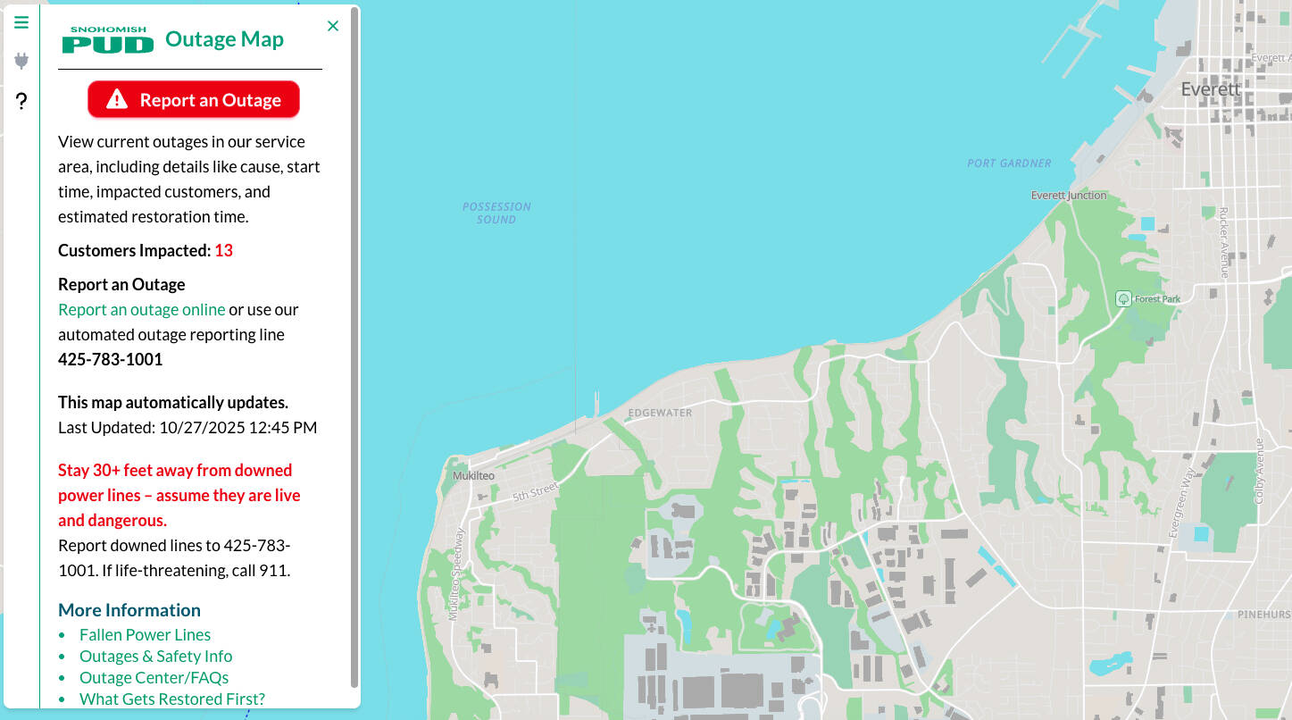 A screenshot of the updated outage map from Snohomish Public Utility District. (Snohomish County PUD)