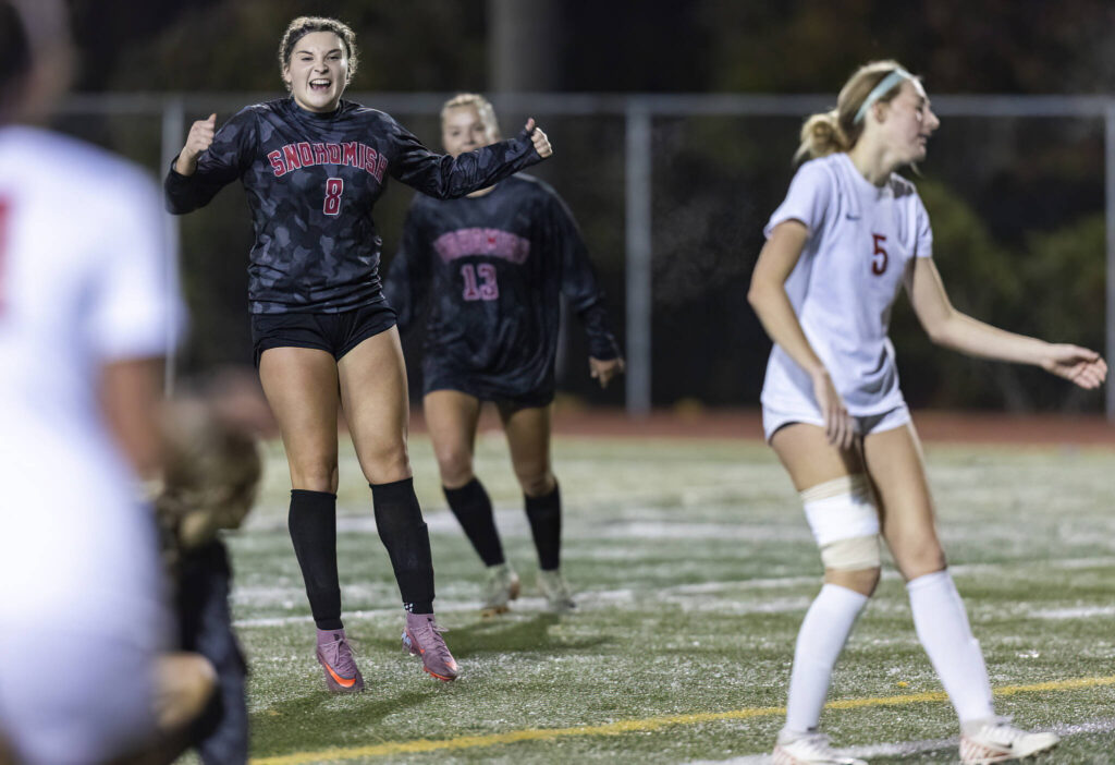 Snohomish’s Danica Avalos reacts to scoring a goal during the game against Stanwood on Oct. 27, 2025 in Snohomish, Washington. (Olivia Vanni / The Herald)