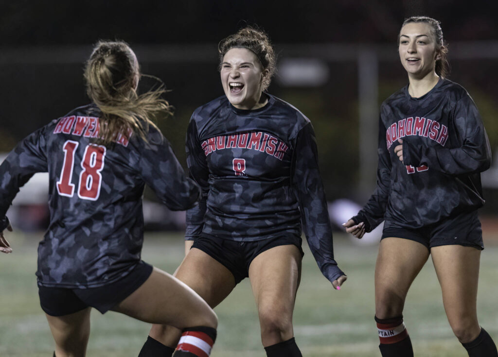 Snohomish’s Danica Avalos celebrates scoring a goal during the game against Stanwood on Oct. 27, 2025 in Snohomish, Washington. (Olivia Vanni / The Herald)