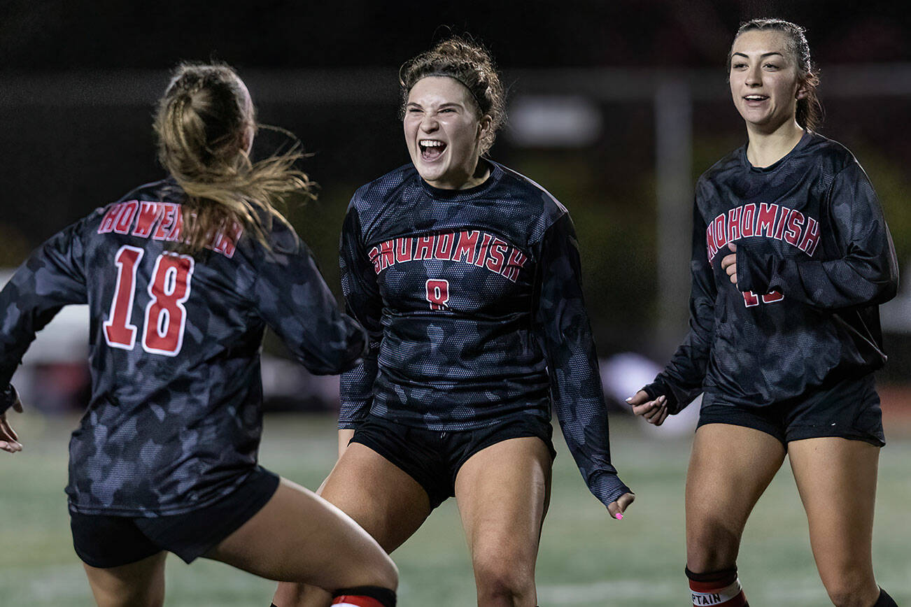 Snohomish’s Danica Avalos celebrates scoring a goal during the game against Stanwood on Oct. 27, 2025 in Snohomish, Washington. (Olivia Vanni / The Herald)