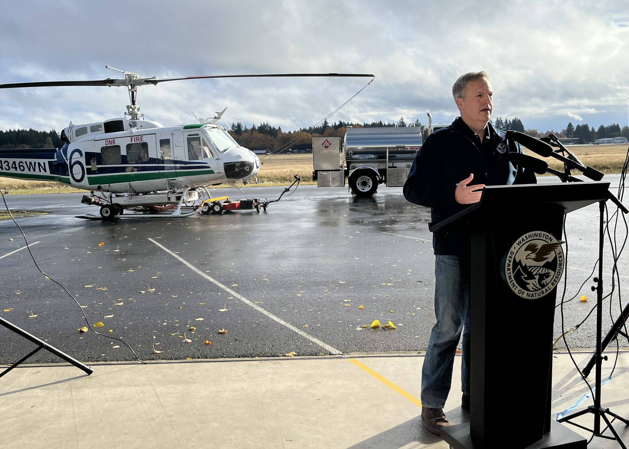 Washington state Commissioner of Public Lands Dave Upthegrove speaks at a press conference on wildfire issues Monday in Tumwater. (Photo by Bill Lucia/Washington State Standard)