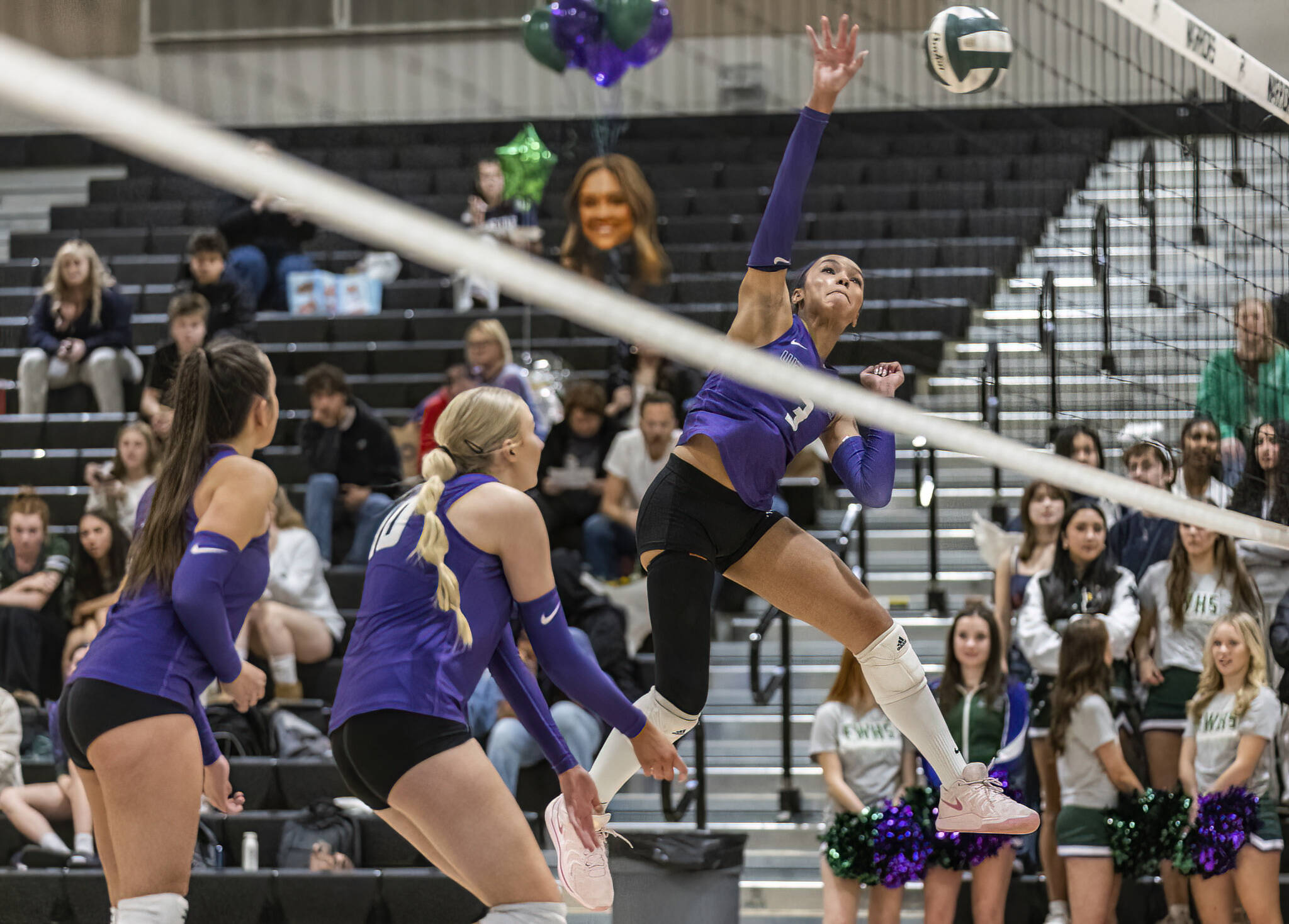 Edmonds-Woodway’s Indira Carey-Boxley spikes the ball during the game against Lynnwood on Oct. 29, 2025 in Edmonds, Washington. (Olivia Vanni / The Herald)