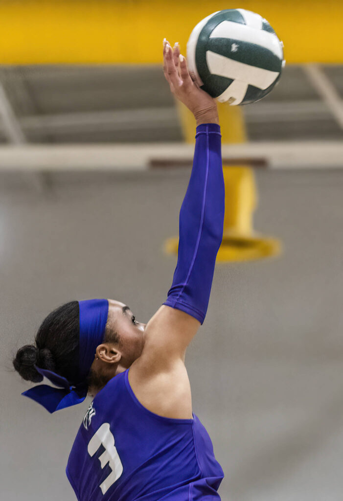 Edmonds-Woodway’s Indira Carey-Boxley spikes the ball during the game against Lynnwood on Oct. 29, 2025 in Edmonds, Washington. (Olivia Vanni / The Herald)
