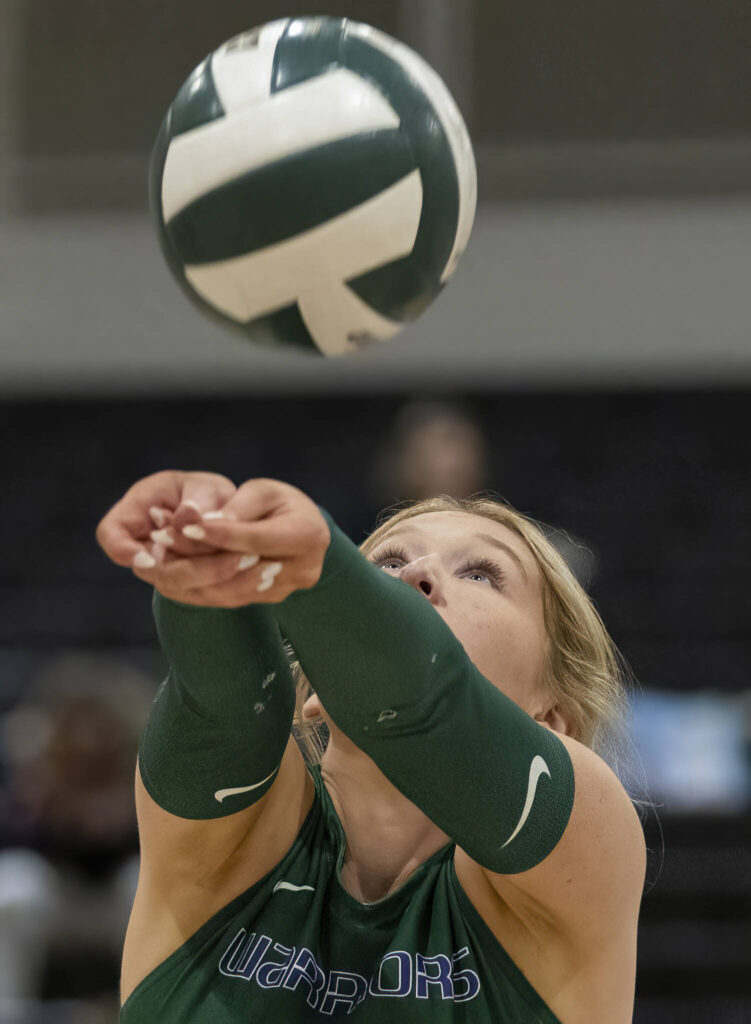 Edmonds-Woodway’s Addy Pontak bumps the ball during the game against Lynnwood on Oct. 29, 2025 in Edmonds, Washington. (Olivia Vanni / The Herald)
