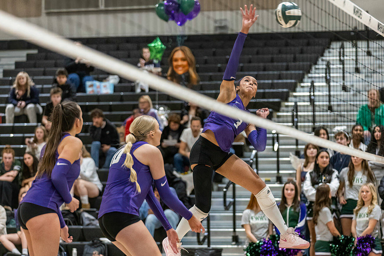 Edmonds-Woodway’s Indira Carey-Boxley spikes the ball during the game against Lynnwood on Oct. 29, 2025 in Edmonds, Washington. (Olivia Vanni / The Herald)