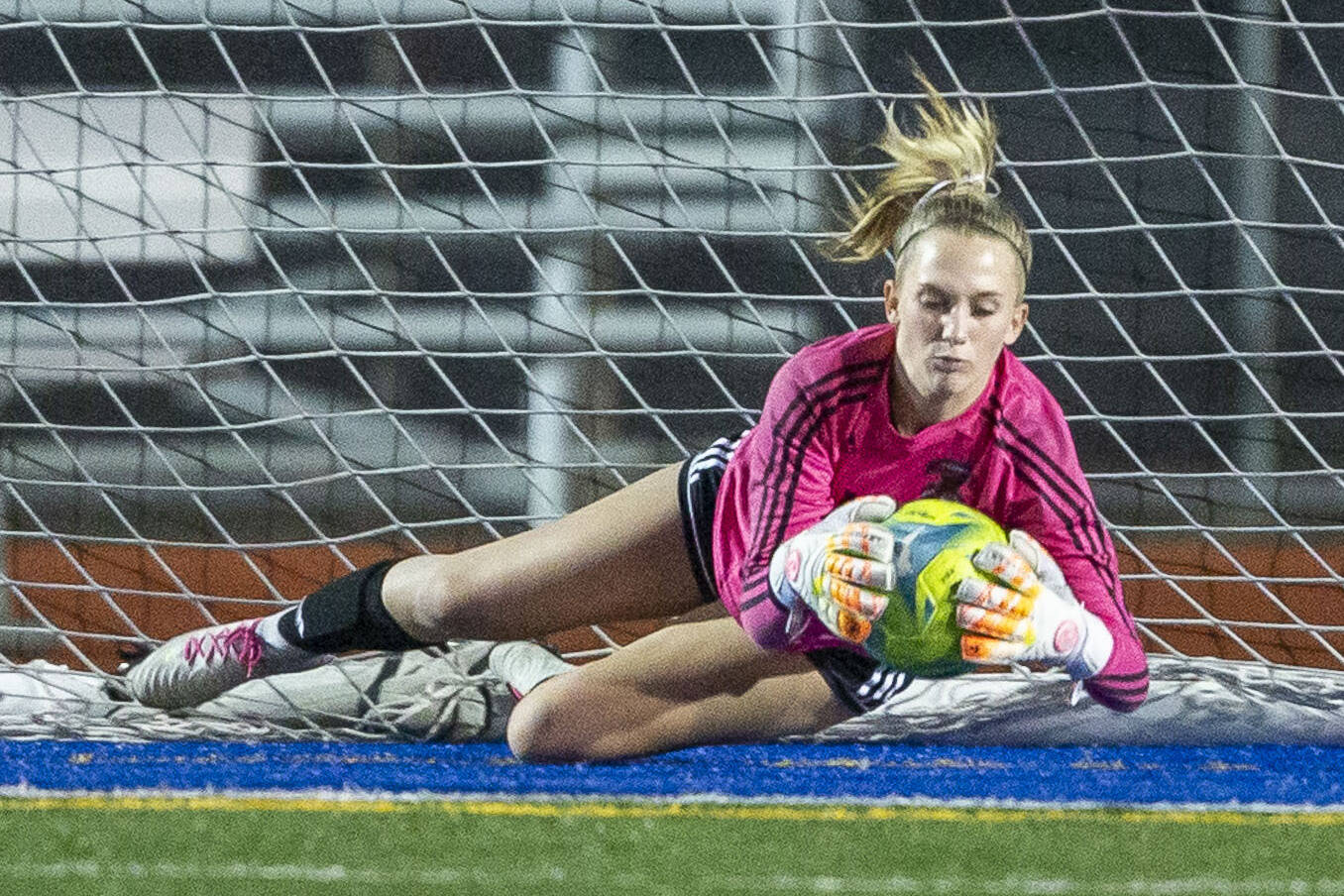 Archbishop Murphy’s Elle Kahn stops a shot on goal during the game against Shorecrest on Tuesday, Sept. 17, 2024 in Shoreline, Washington. (Olivia Vanni / The Herald)