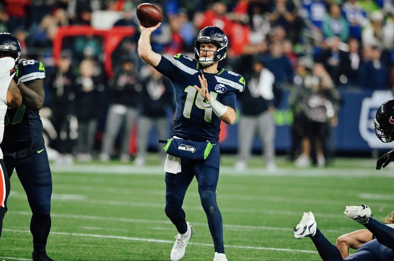 Seahawks quarterback Sam Darnold throws a pass in a game against the Houston Texans on Oct. 20, 2025 at Lumen Field in Seattle, Washington. (Photo courtesy of the Seattle Seahawks)