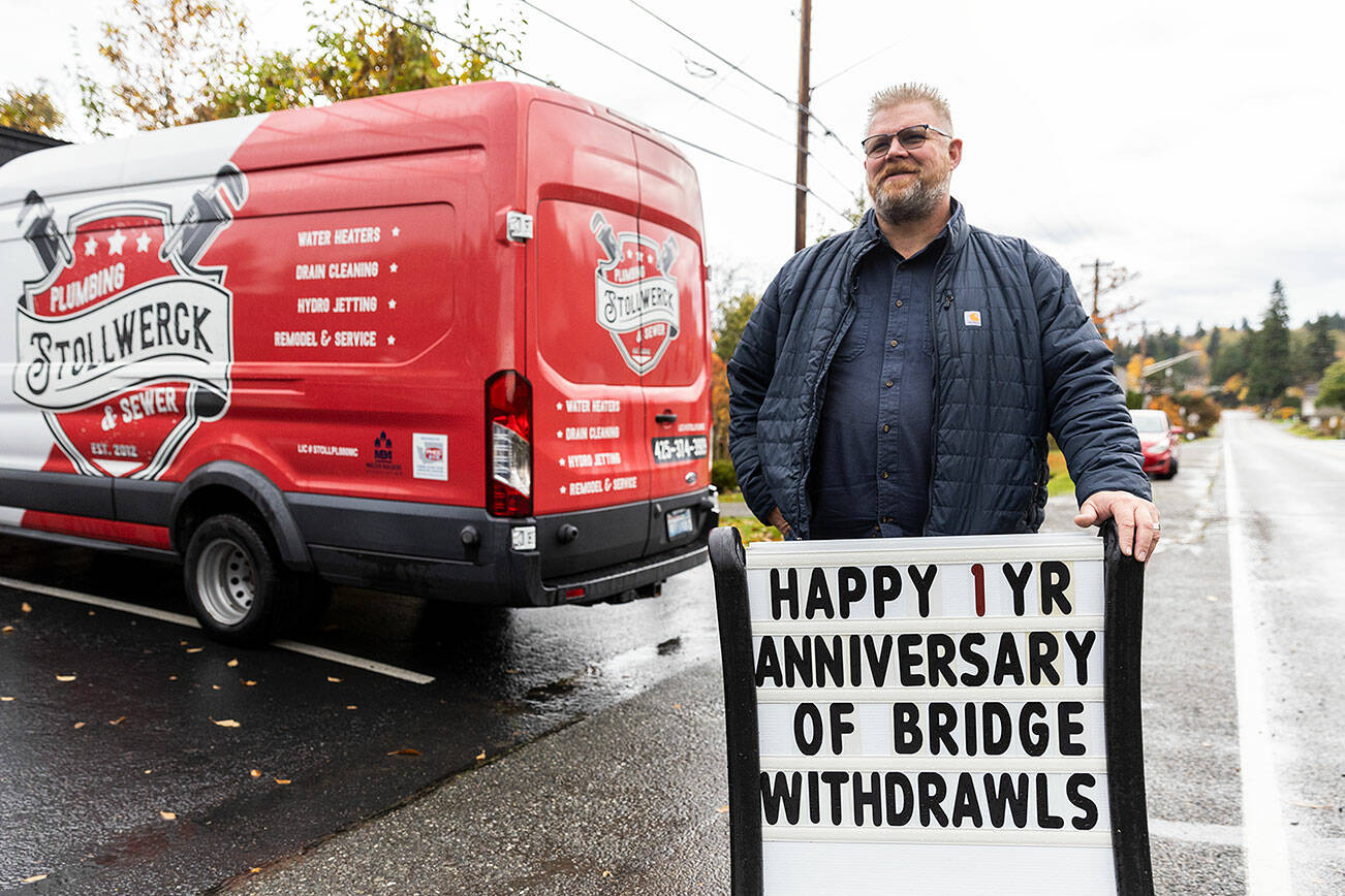 Stollwerck Plumbing owner J.D. Stollwerck outside of his business along 5th Street on Nov. 5, 2025 in Mukilteo, Washington. (Olivia Vanni / The Herald)