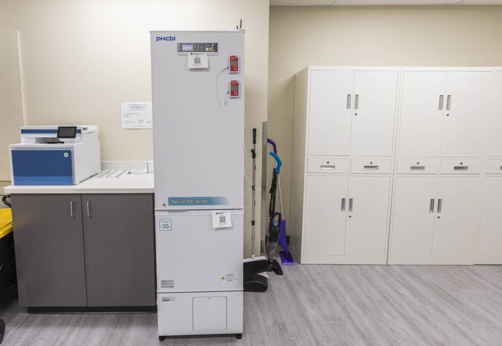 A vaccine refrigerator and lab inside the new Student Health Clinic at Everett High School on Oct. 30, 2025 in Everett, Washington. (Olivia Vanni / The Herald)
