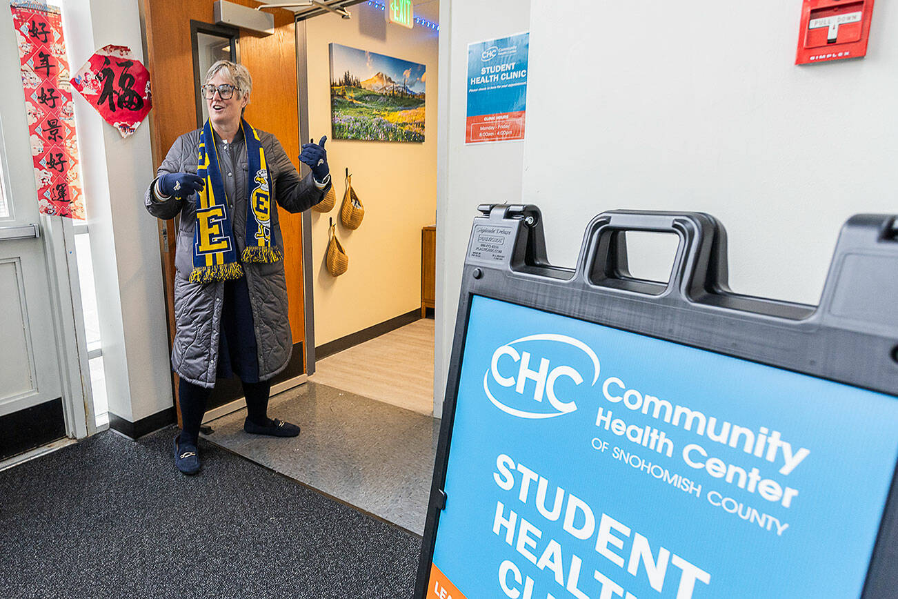 Everett High School Principal Kelly Shepherd opens up the new Student Health Clinic at the school on Oct. 30, 2025 in Everett, Washington. (Olivia Vanni / The Herald)