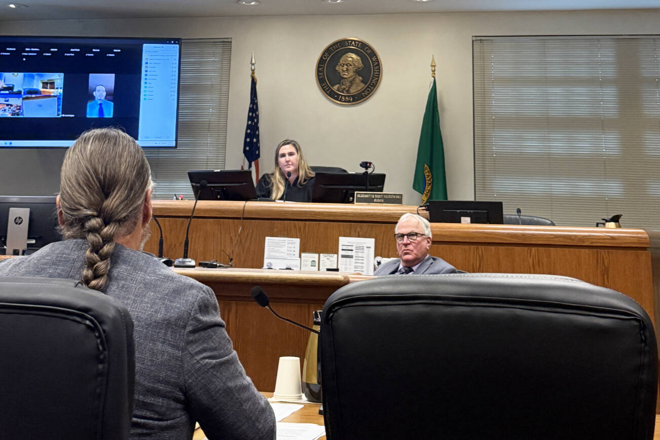 Skagit County Superior Court Judge Elizabeth Neidzwski listens to Attorney Timothy Hall at Skagit County Superior Court on Nov. 6, 2025 in Mount Vernon, Washington. (Jenna Peterson / The Herald)