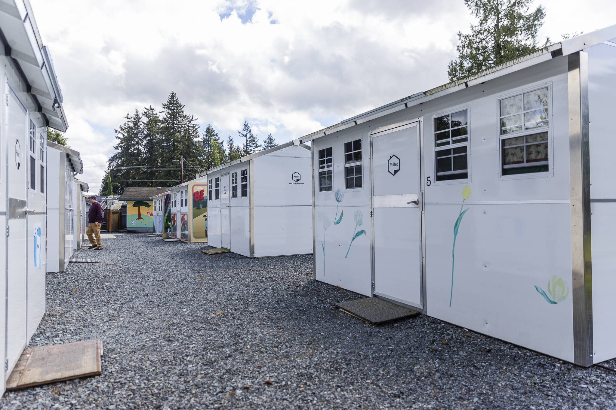 Madison Family Shelter tiny pallet home community on Monday, May 19, 2025 in Everett, Washington. (Olivia Vanni / The Herald)