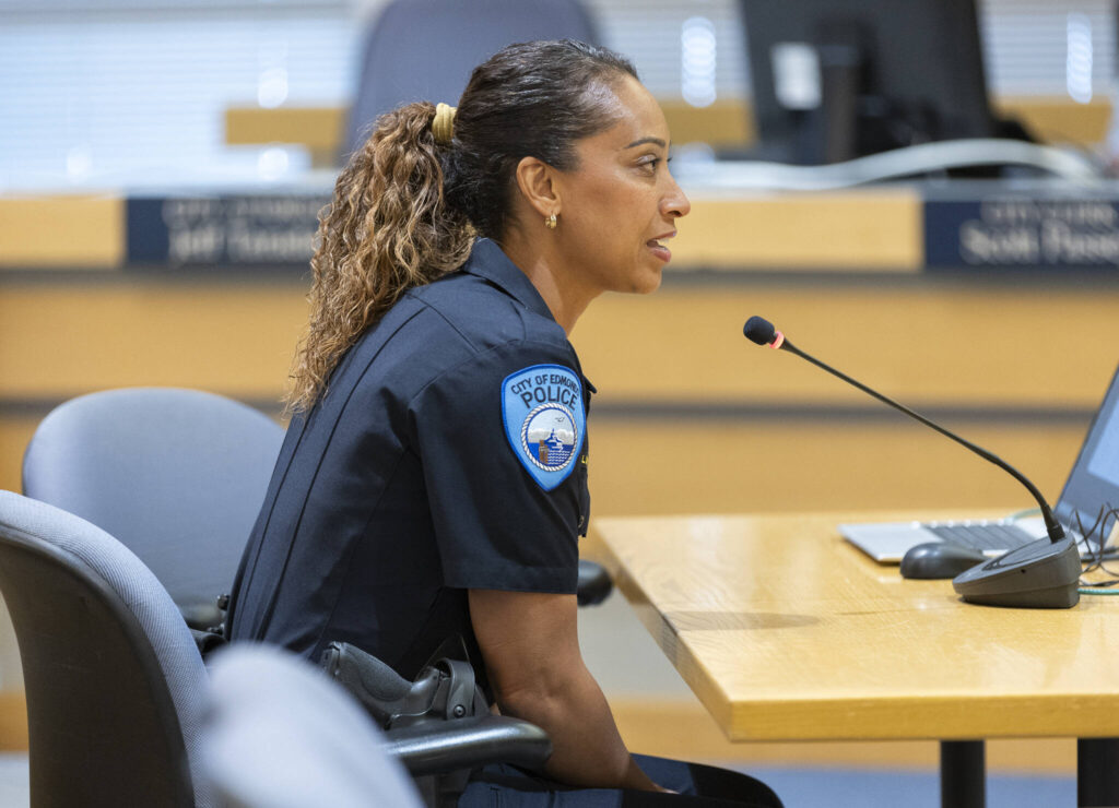 Edmonds Police Chief Loi Dawkins speaks after the city council approved her appointment on Tuesday, July 8, 2025 in Edmonds, Washington. (Olivia Vanni / The Herald)
