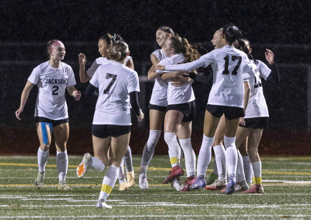 Jackson’s Stella Shaw celebrates her goal against Lake Stevens during the 4A girls district game on Nov. 5, 2025 in Lake Stevens, Washington. (Olivia Vanni / The Herald)
