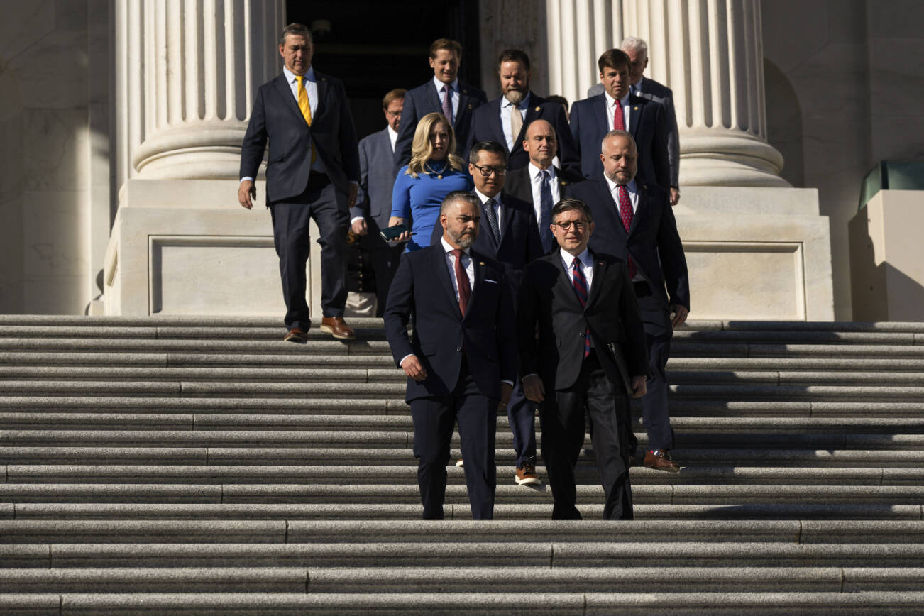 House Speaker Mike Johnson (R-La.) walks to a news conference with fellow Republicans outside the Capitol in Washington, on Wednesday, Nov. 5, 2025. (Tierney L. Cross/The New York Times)