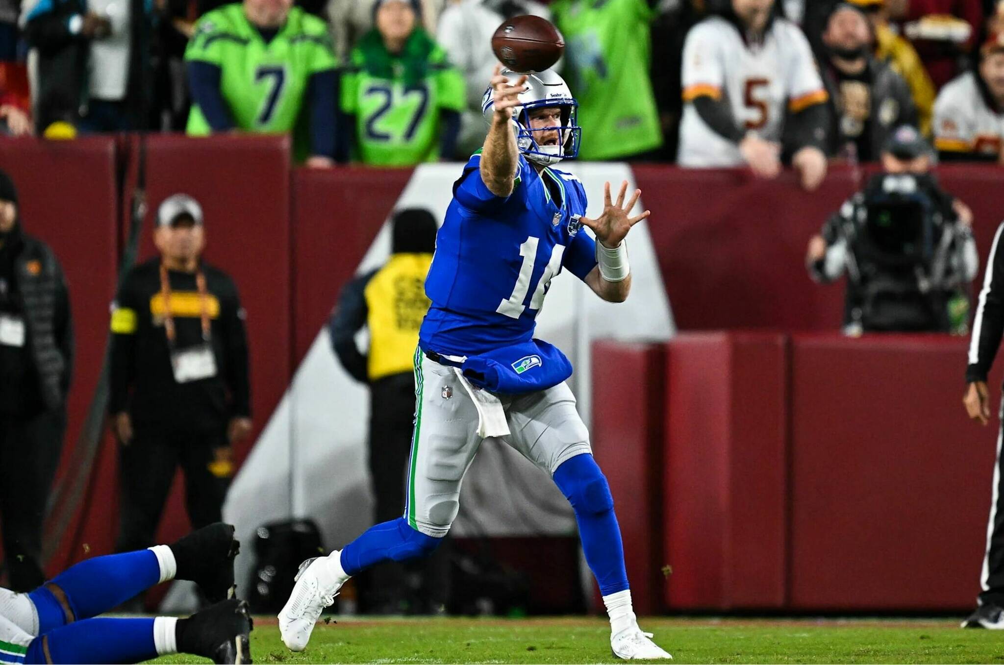 Seahawks quarterback Sam Darnold throws a pass against the Washington Commanders on Sunday, Nov. 2, 2025 at Northwest Stadium in Landover, Maryland. (Photo courtesy of the Seattle Seahawks)