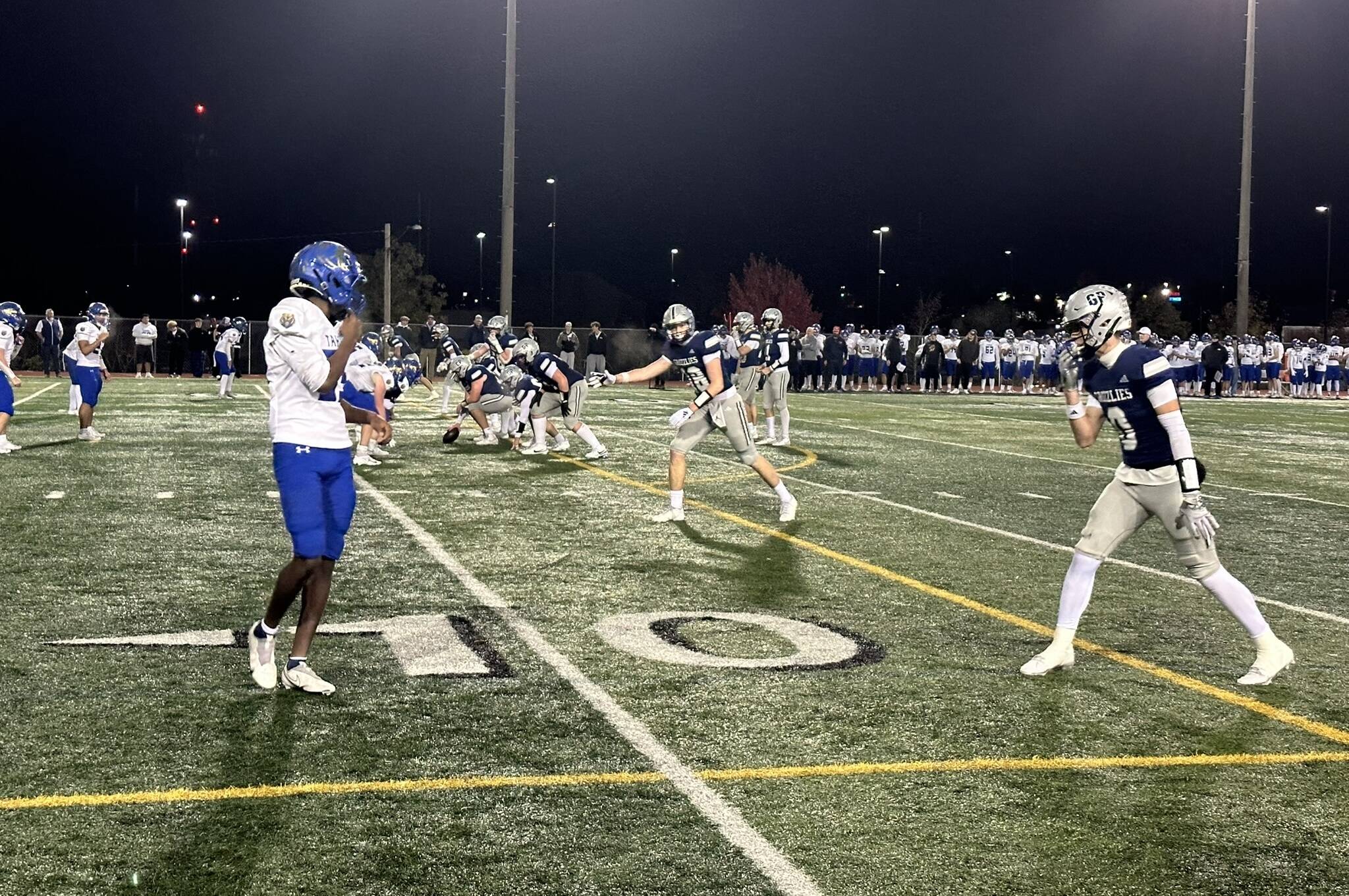 Glacier Peak football's offense lines up against Tahoma in a State Round of 32 game on Friday, Nov. 7, 2025 at Veterans Memorial Stadium in Snohomish. (Qasim Ali / The Herald)