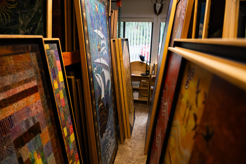 Paintings fill rooms in d’Elaine Herard Johnson’s home on Wednesday, Nov. 12, 2025 in Edmonds, Washington. (Will Geschke / The Herald)
