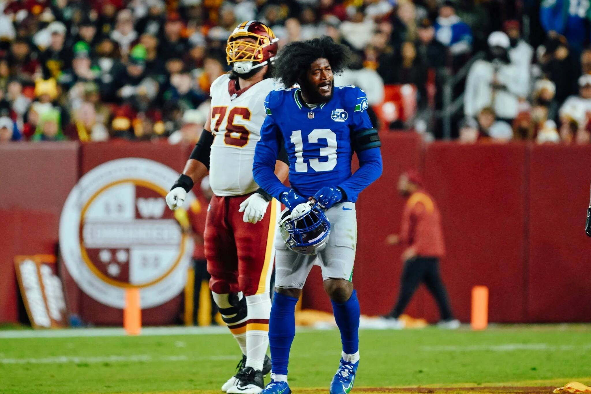 Ernest Jones reacts during a game against the Washington Commanders in Landover, Maryland on Nov. 2, 2025. (Photo courtesy of the Seattle Seahawks)