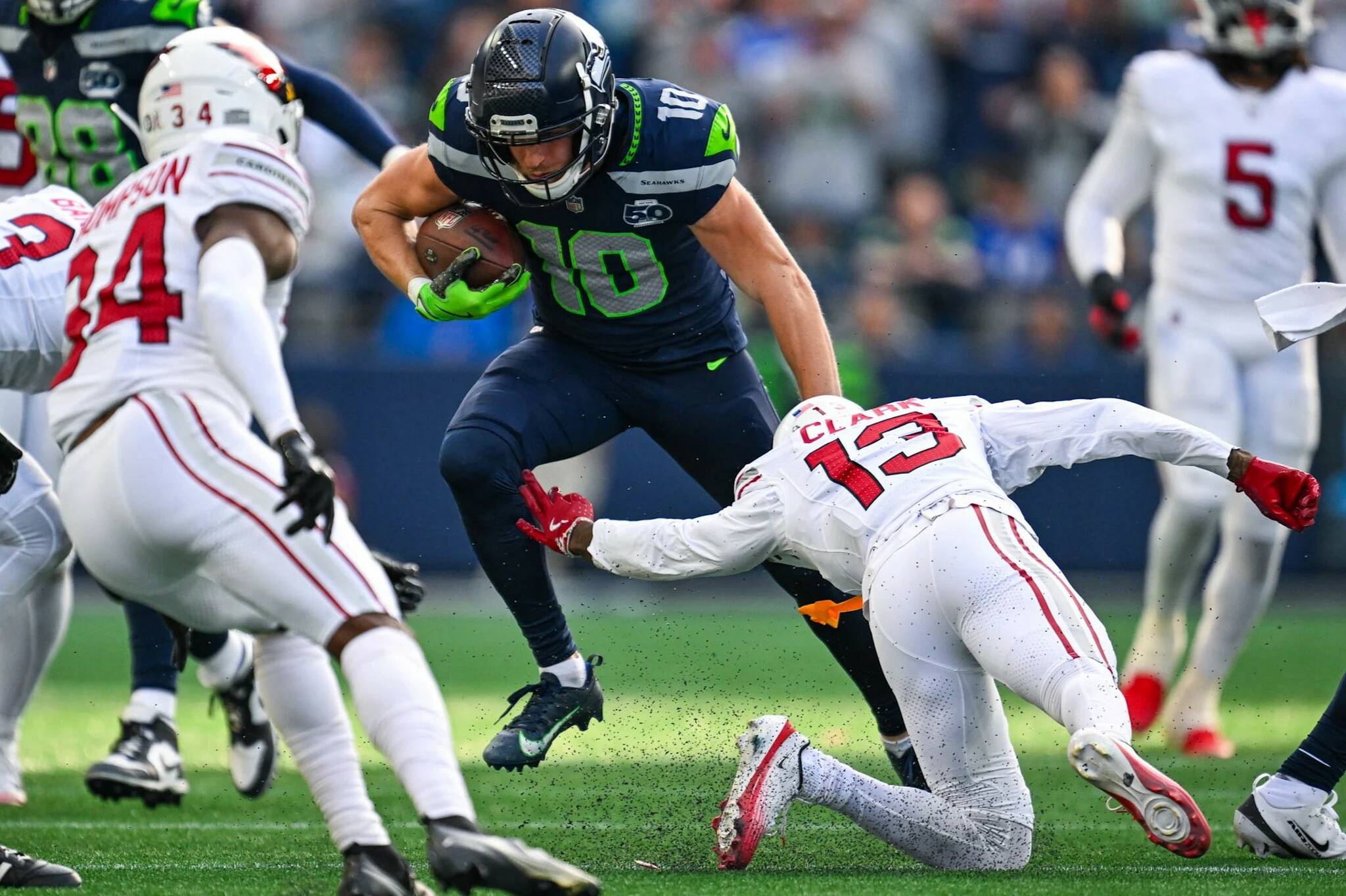 Seahawks receiver Cooper Kupp (10) runs with the ball against the Arizona Cardinals on Sunday, Nov. 9, 2025 at Lumen Field in Seattle, Washington. (Photo courtesy of the Seattle Seahawks)