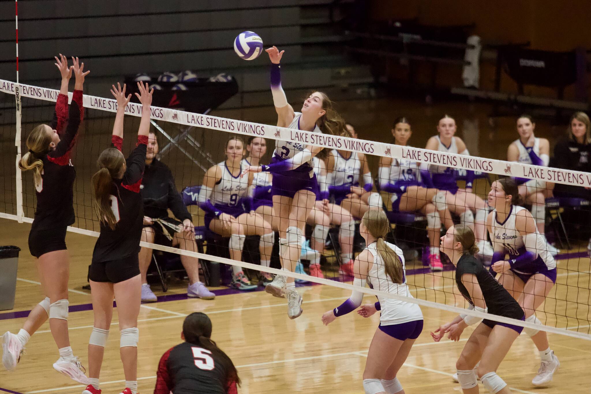 Lake Stevens senior Madison Sowers sends the ball over the net during the Vikings' 3-0 win against Mount Si in the District 1/2 4A semifinals at Lake Stevens High School on Nov. 13, 2025. (Joe Pohoryles / The Herald)