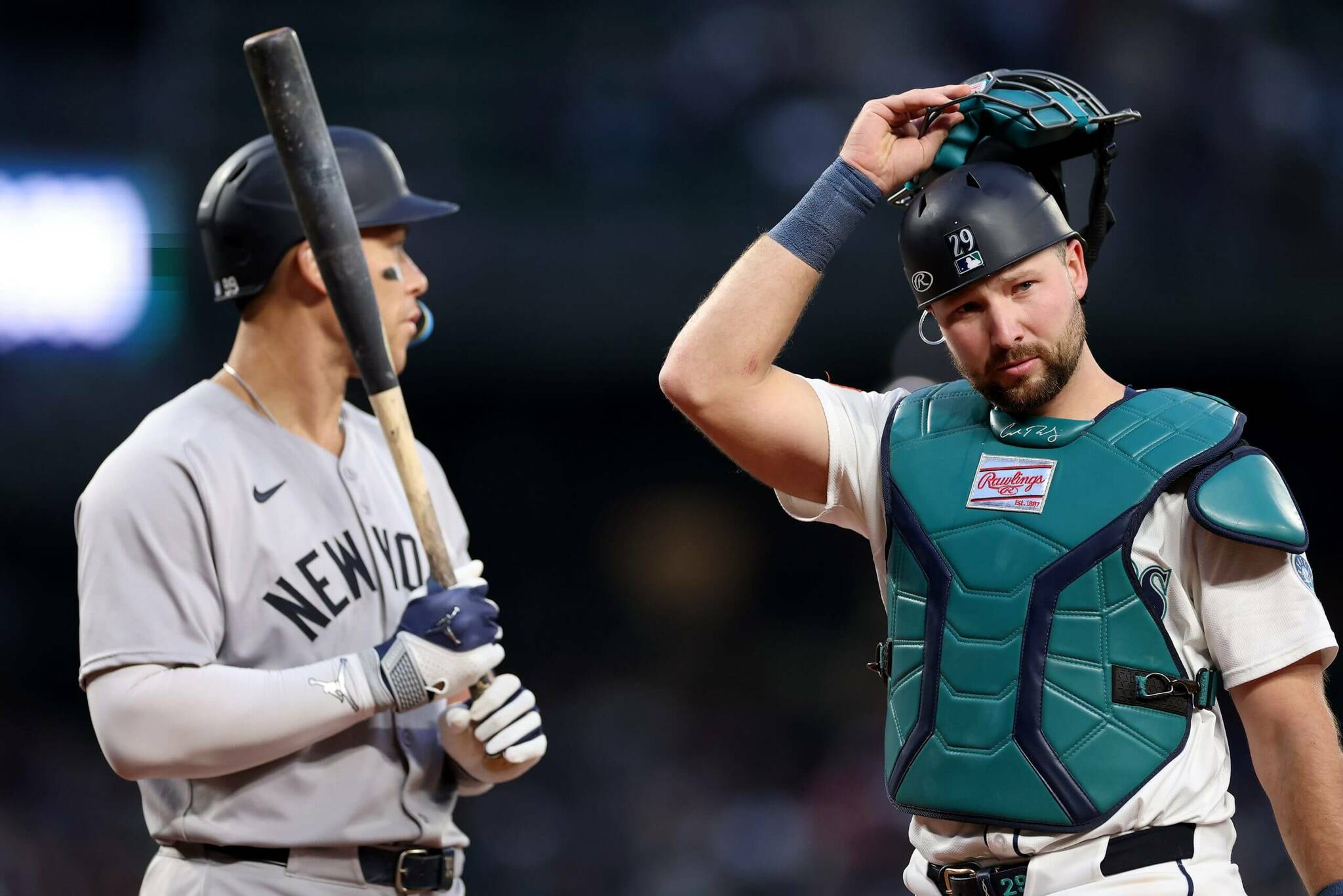Aaron Judge (left) won the American League MVP, edging Mariners catcher Cal Raleigh (right). (Steph Chambers / Getty Images / The Athletic)