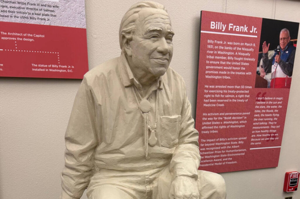 A detail of the model of Billy Frank Jr.&rsquo;s sculpture.

