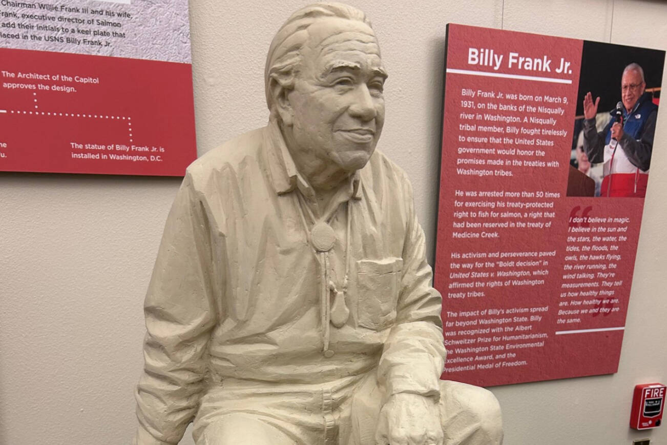 A model of a statue of Billy Frank Jr., the Nisqually tribal fishing rights activist, is on display in the lobby of the lieutenant governor's office in the state Capitol. (Jon Bauer / The Herald.