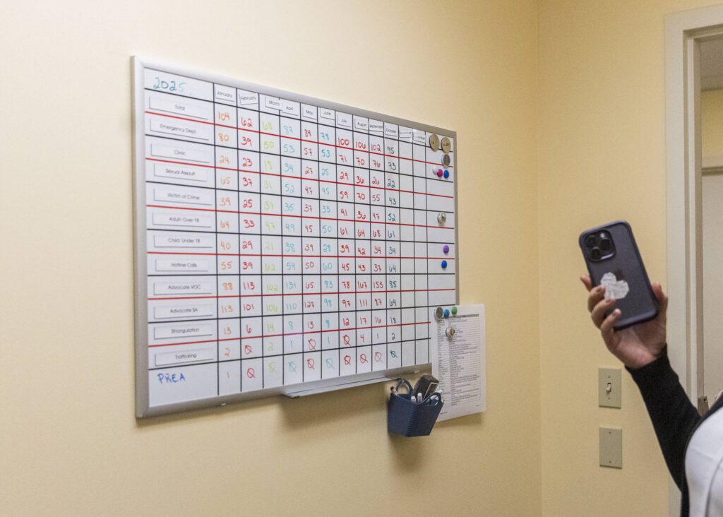 A tracking board shows the changing number of patients in different areas of treatment over the course of the year on Nov. 21, 2025 in Everett, Washington. (Olivia Vanni / The Herald)
